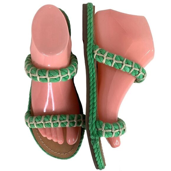 Manebi Espadrilles Slip On GreenTextile Tan Leather Flat Women’s Sandals Sz 8 - Picture 1 of 11